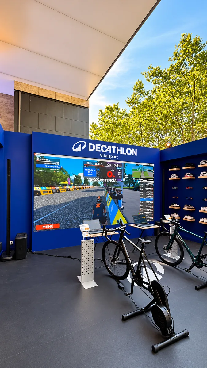 Stand exterior de Decathlon Vitalsport con pantalla de LED, bicicletas estáticas y zapatillas expuestas.